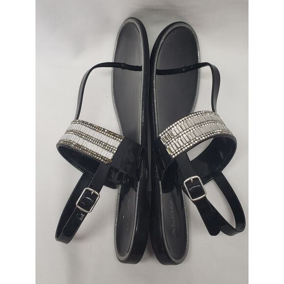 Aldo Black Silver Bedazzled Flip Flop Adjustable Back Strap Dressy Sandals - Picture 3 of 6